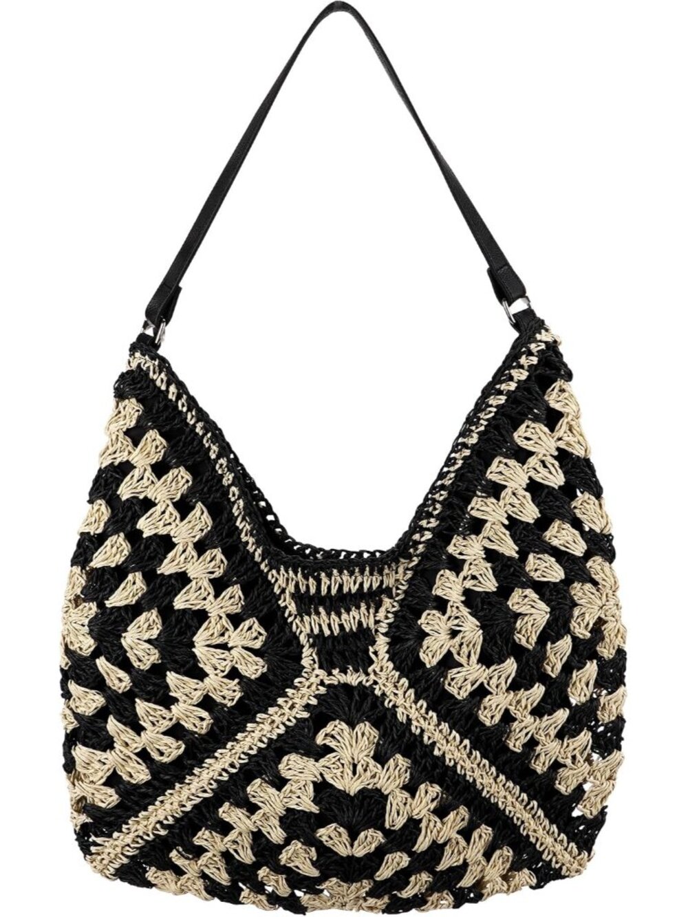 Crochet Straw Shoulder Bag for Women, Large Woven Hobo Tote with Leather Strap,